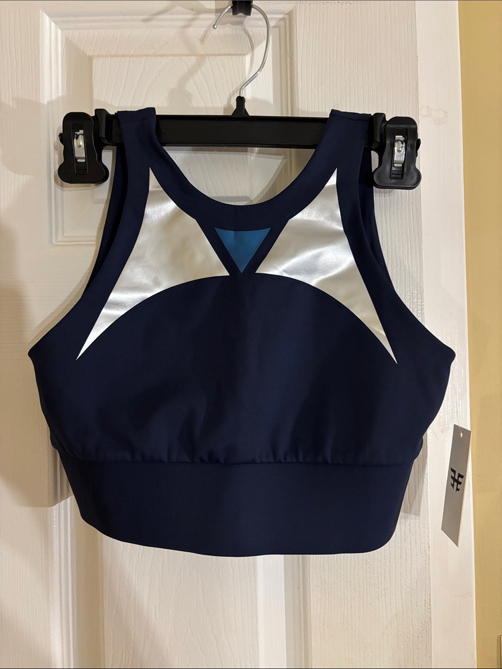 Heroine Sport High-Neck Sports Bra with Silver Panels and Blue Accent